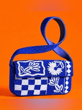 Anthropologie “Fiona” Blue & White Beaded Shoulder Bag PRICE DROP